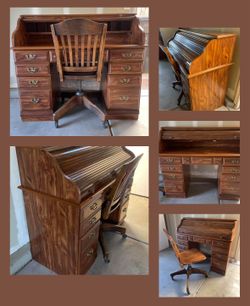 Wooden roll top desk with chair