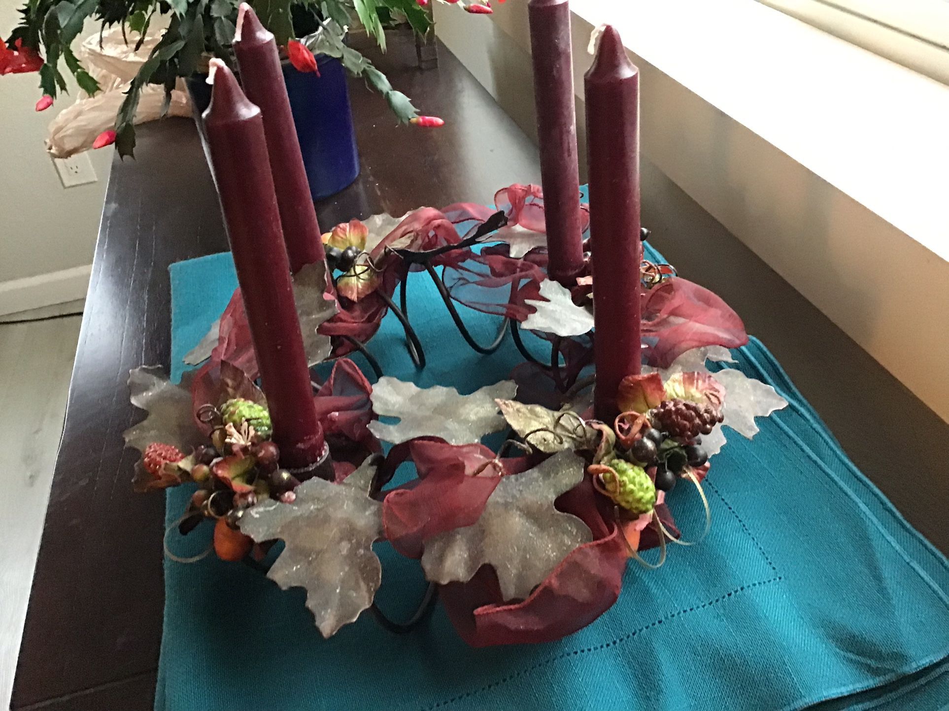 Metal Maple Leaf Wreath With Added Candles and Ribbon