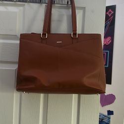 Structured Cognac Faux Leather Work Tote – Multi-Compartment Organizer Bag