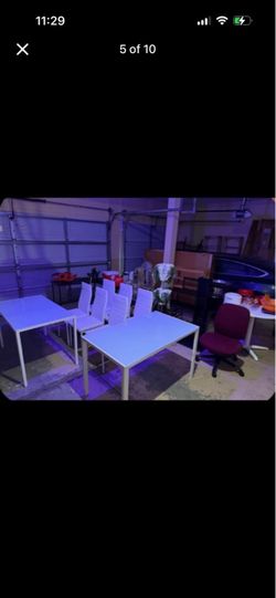 White chairs x6 and white tables x2