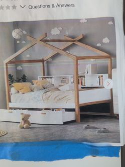 full size platform bed with two drawers and a bookshelf storage space