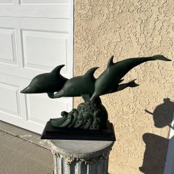 3  Bronze Pair Dolphins Swimming Nautical (17”H x 28”W) Sculpture w/Base
