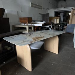 Marble Stone Top with Arched Wood Base Dining Table