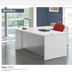 White L Shaped Desk With Glass Modesty And Pedestal