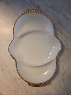 Vintage Fire King milk glass and gold dish