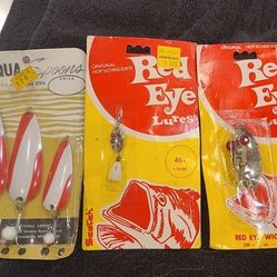 Vintage Fishing Lures New In Box. Red Eyed Wigglers And Aqua Spoons