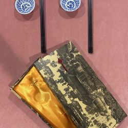 Vintage Japanese Teacup Set With Chopsticks, Chopstick Holders And Case 