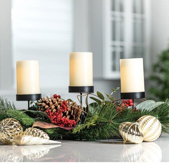 Country Harvest Christmas Centerpiece 26inch – Handcrafted Red Berry Pine Cone Candle Holder for Festive Winter Home Decor, Perfect for Holiday Table,