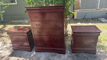 3-Piece Cherry Wood Bedroom Set - Tall Dresser and Two Nightstands