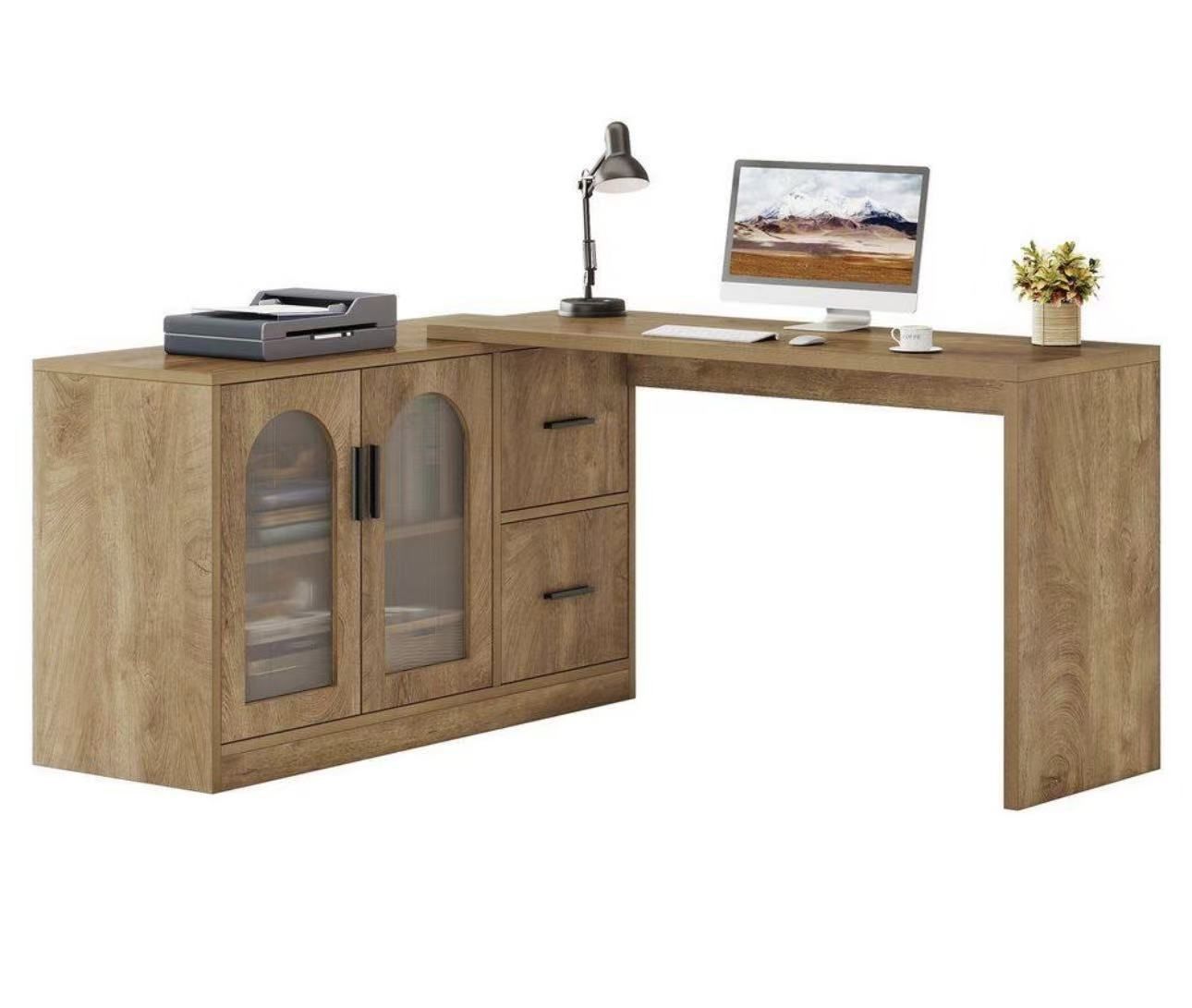 F2370 47.24 in. L Shaped Brown Wood 2-Drawer Computer Desk, Reversible Executive Office Desk with Storage Cabinet