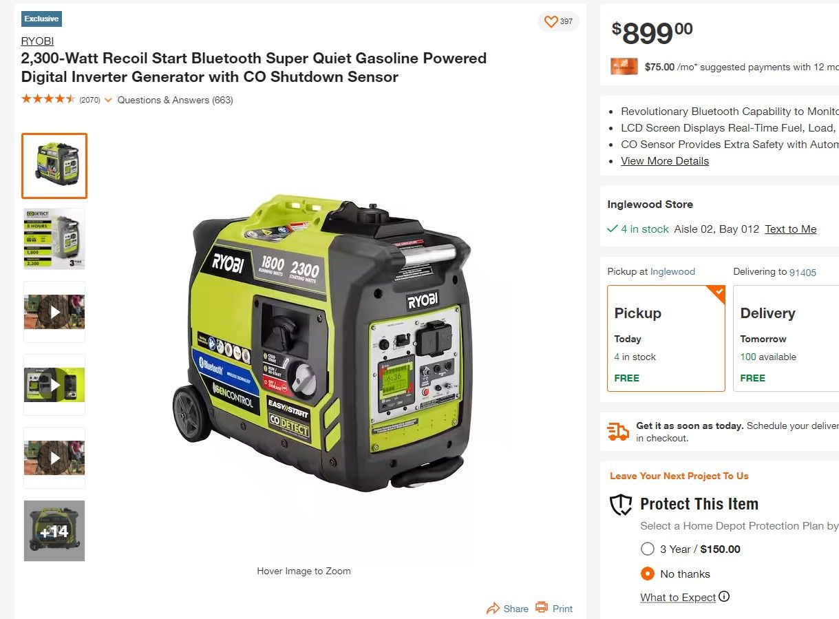 RYOBI 2300 Watt Recoil Start Bluetooth Super Quiet Gasoline Powered Digital Inverter Generator with CO Shutdown Sensor