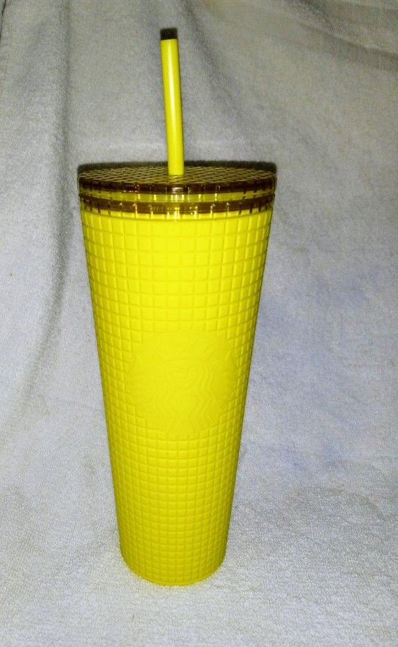 New Starbucks Yellow Soft Touch Grid Tumbler 24oz