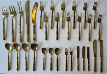 Vintage Mid Century Thai Flatware Nickel Bronze 31 pc Bamboo Motif