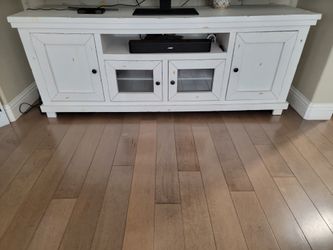 Farmhouse Distressed White TV Stand – Fits Up to 85" TV