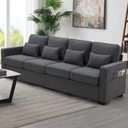 104 4-Seater Modern Linen Fabric Sofa with Armrest Pockets and 4 Pillows,Minimalist Style Couch for Living Room, Apartment, Off
