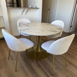 Beautiful White And Gold Faux Marble Dining Set With Table + 4 Chairs