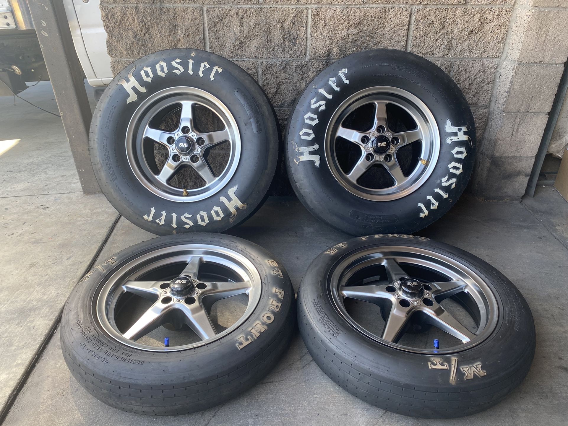 Drag Racing 5 Lug SVE Set Up 17X4" FR & 15X10" R 5 lug 4.5" Wheels & Tires Mustang Charger Shelby Etc