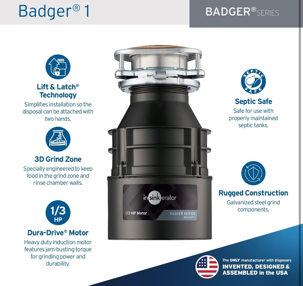 InSinkErator Garbage Disposal, Badger 1, Standard Series, 1/3 HP Continuous Feed, Black, Waterborne Grey Enamel New Appliances