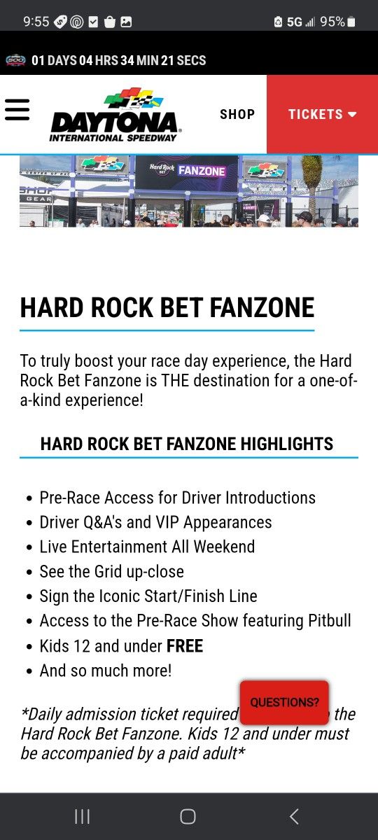 Daytona 500 Fanzone Ticket -infield During Race Pitbull Pregame Show