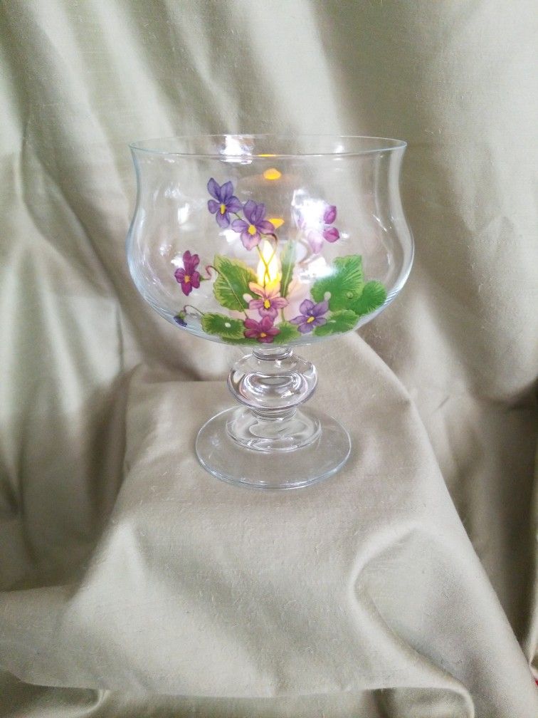 Glass With Violets Canydish/candle Holder
