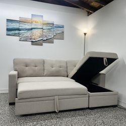 Delivery Available •Beige Sleeper Sectional Couch Sofa