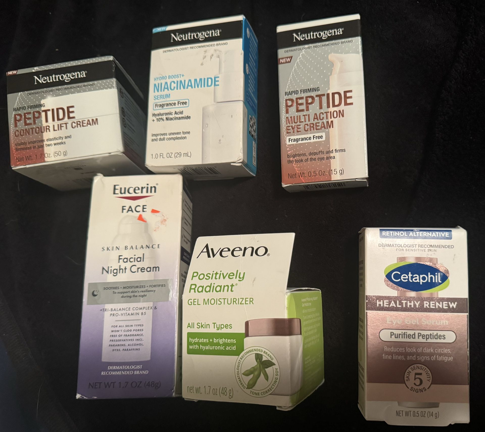 Lot of (6) QTY NIB Neutrogena Cetaphil Aveeno Eucerin Facial / Skin Care Anti-aging Products PEPTIDE Eye Cream HYDRO BOOST+ Serum Firming Contour Lift