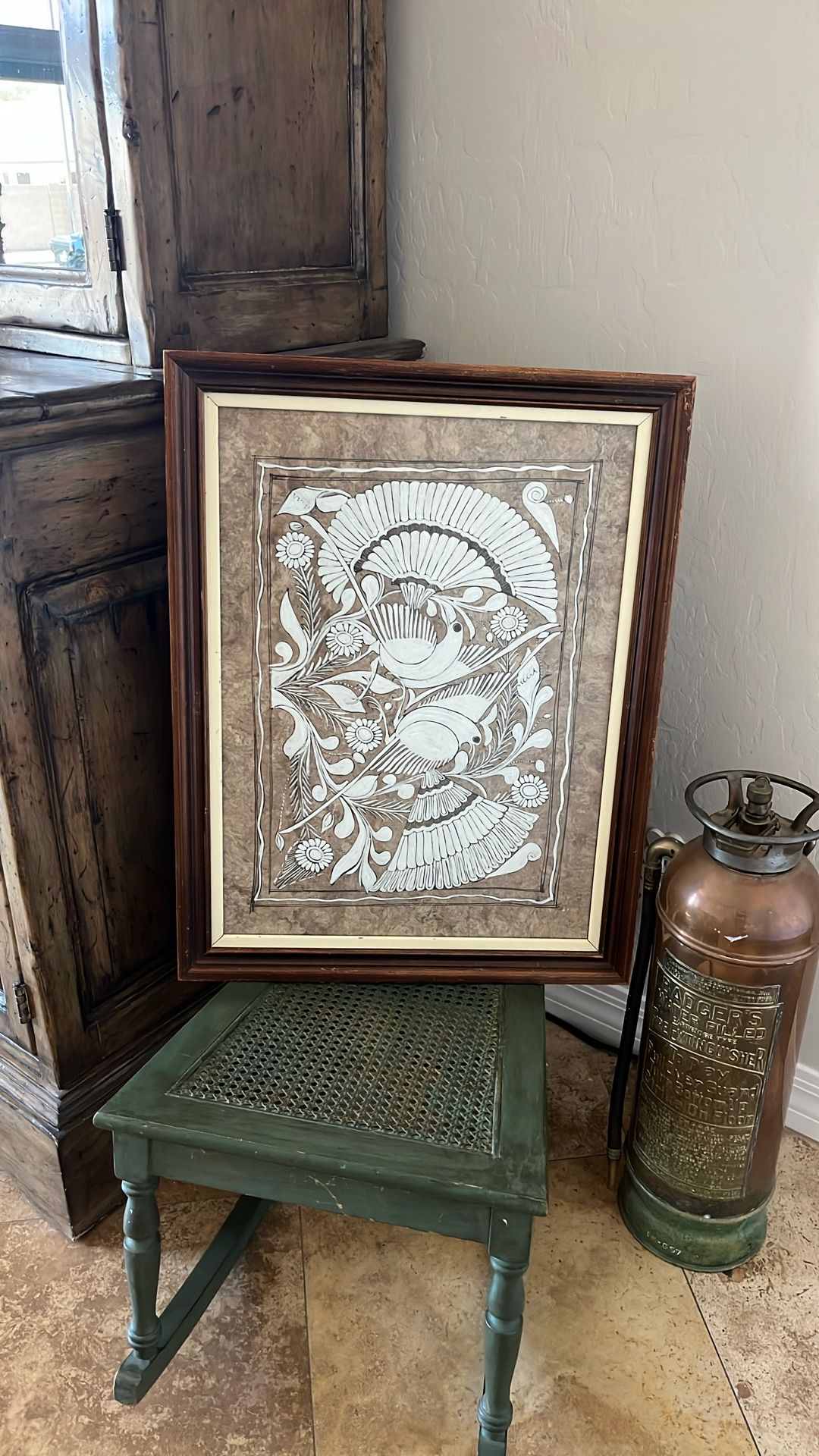 Antique Vintage Primitive Bird Art Framed Art