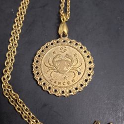 Vintage Cancer Medallion Pendant Necklace On A 31" Diamond Cut Rolo Cable Chain In Goldtone 