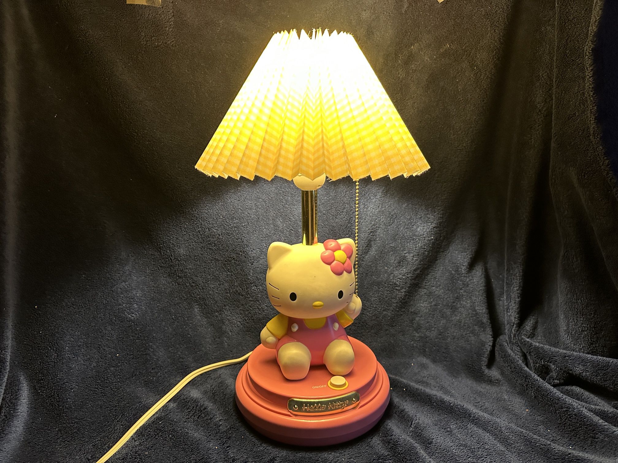 Hello Kitty Vintage Electric Lamp w Added Yellow Checked Pleated Shade