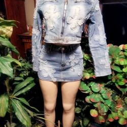 Ladies Jeans Short Mini  Skirt/ Jacket Set New