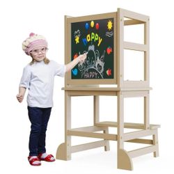 G TALECO GEAR Toddler Kitchen Stool Helper, Step Stool for Kids with Chalkboard Safety Rail for Toddlers 18 Months and Older,Wood, Natural(w)