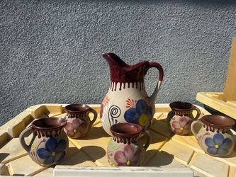 Hand-Painted Ceramic Pitcher and Cups Set