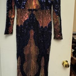 Navy Blue Multicolor Sequin Evening Gown – Size XL, Worn Once, Long Sleeve Formal Dress