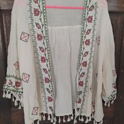 Boho Women's Open Embroidered Cotton Top Medium 