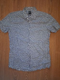 Hugo Boss Shirt Mens Small White Blue Linen Cotton Plants