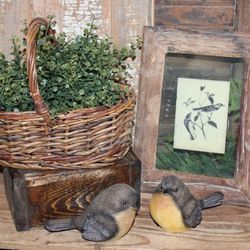 NEW French Country Farmhouse Birds Rustic Picture & Vintage Basket with Greenery