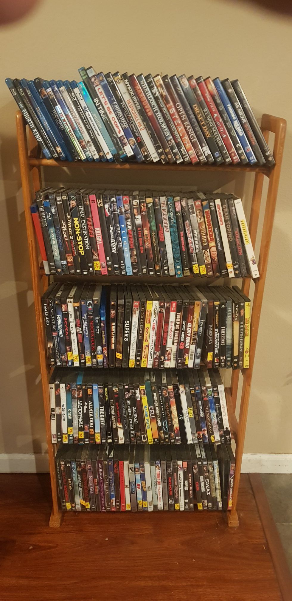 DVD collection with Blueray players and surround sound AMD stand