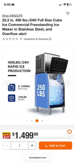 22.2 in. 400 lbs./24H Full Size Cube Ice Commercial Freestanding Ice Maker in Stainless Steel,  No Bin ,   Just ice maker