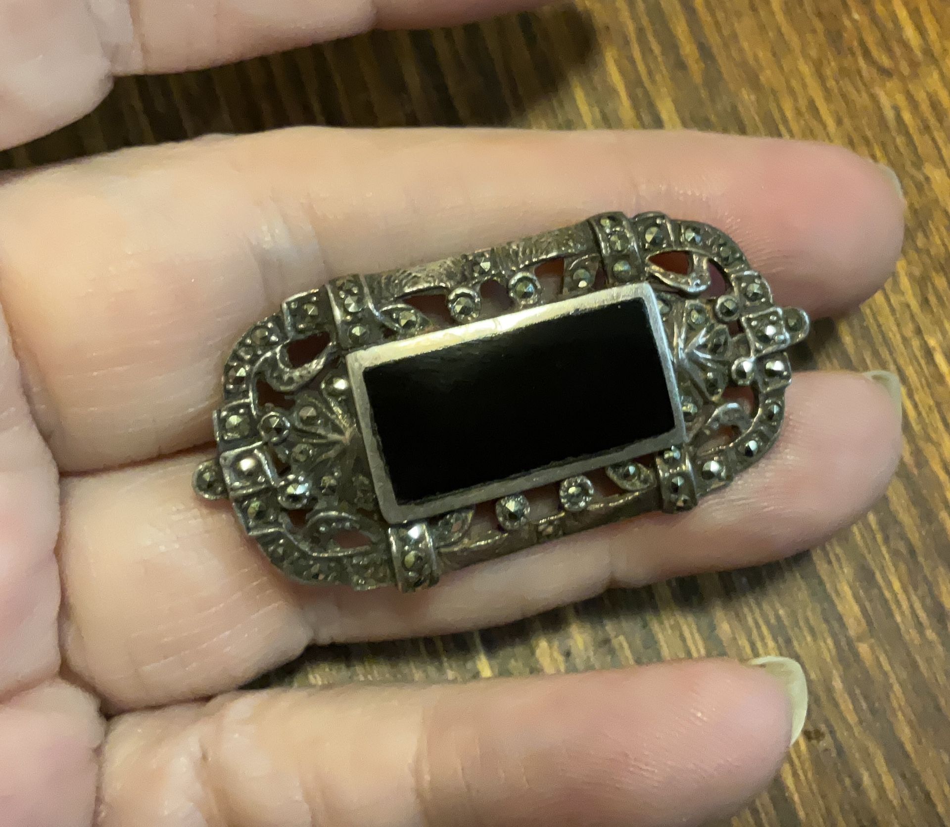 Vintage Onyx, Marcasite Brooch 