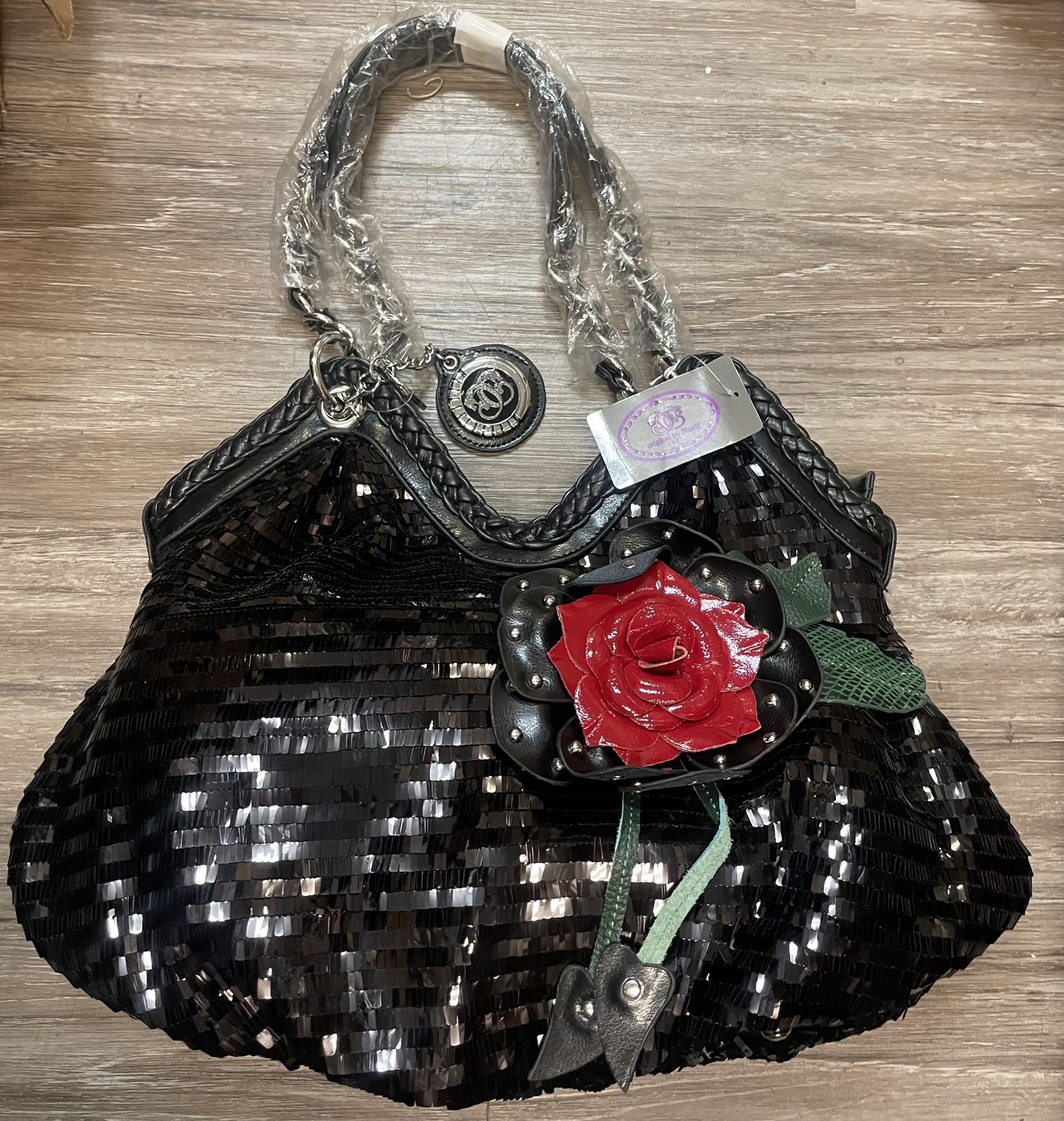 Sharif Black Sequin Purse W/ Flower Motif 