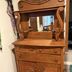 Antique hand carved oak side hutch