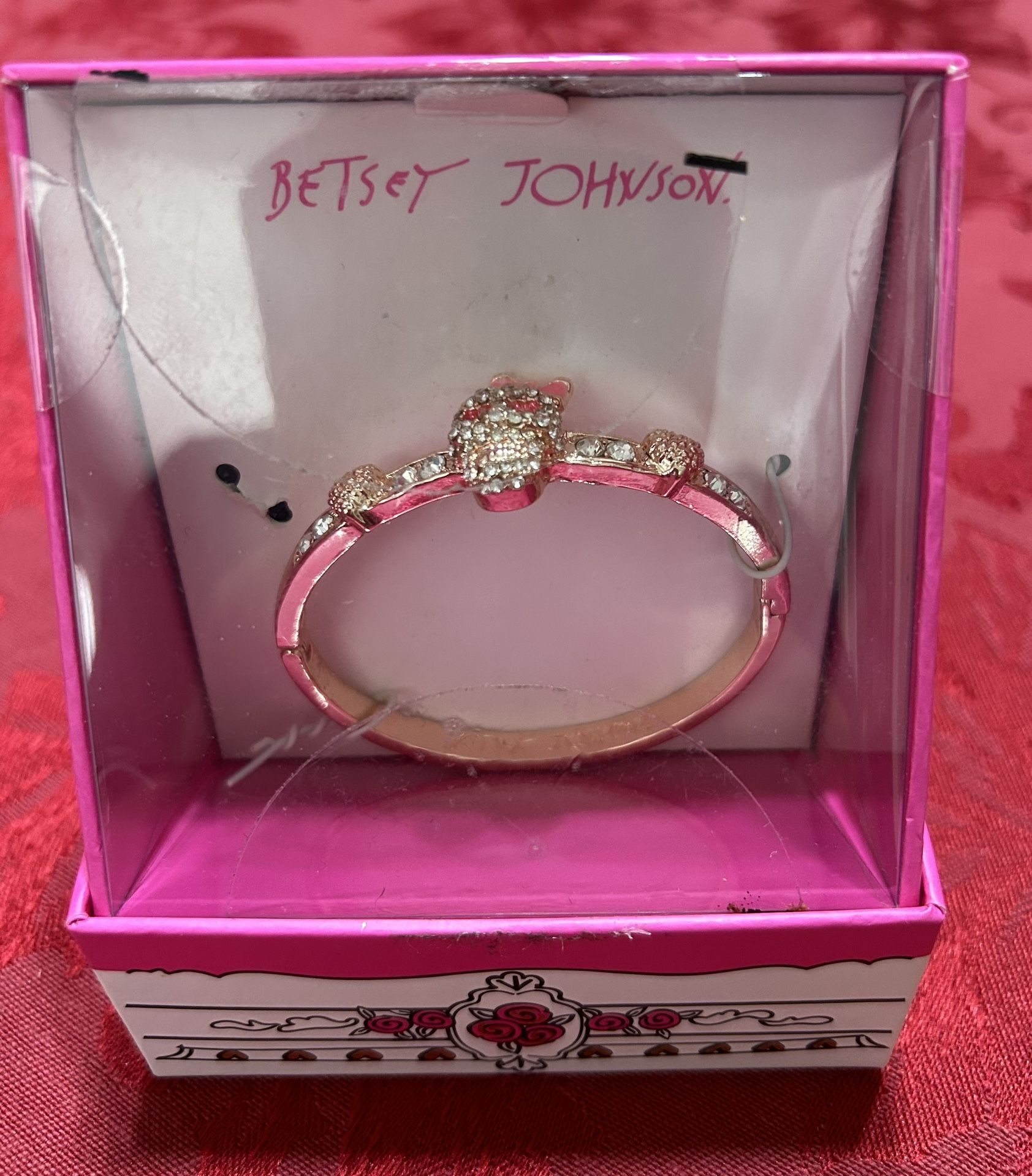 Betsey Johnson jewelry rose gold pink skull with stones & bow bangle bracelet