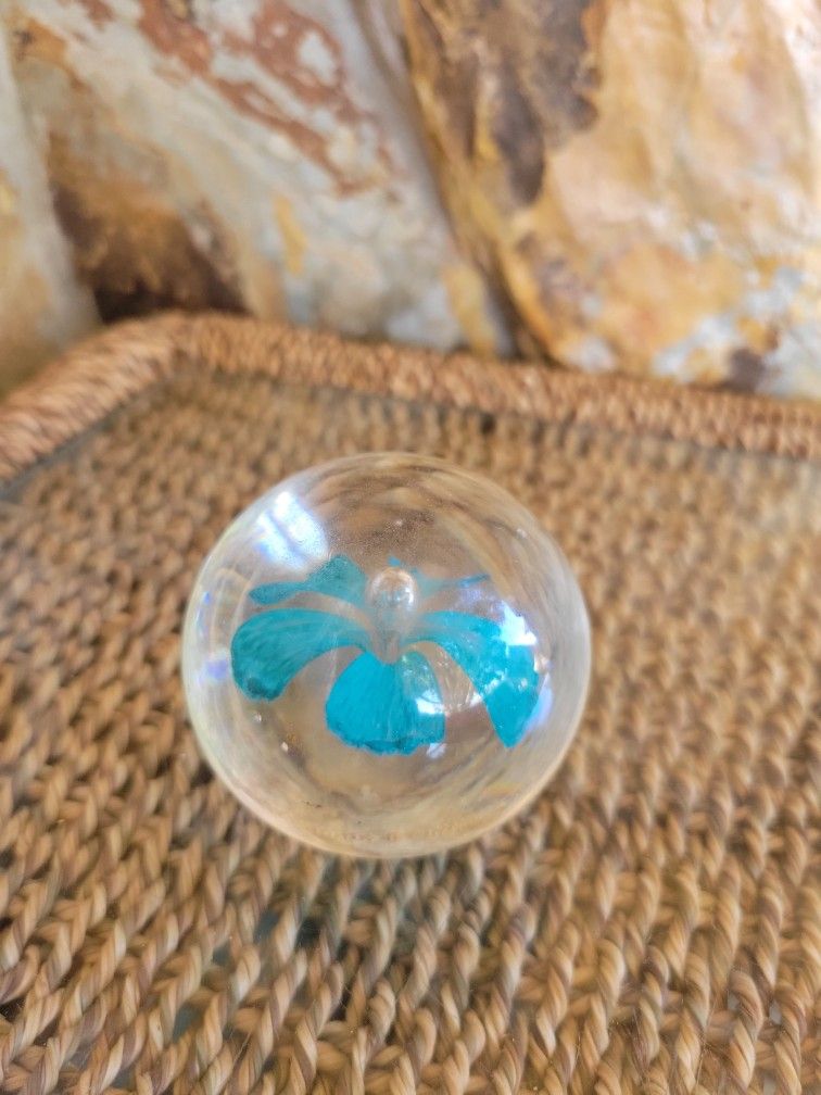 Glass Paper Weight with Turquoise Flower