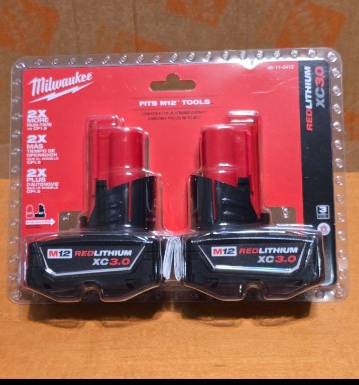 Milwaukee M12 REDLITHIUM XC 3.0Ah 2 pk Batteries No Low Offers/Trades, Pls. Price is Firm Pick up in Burien Yes Available 
