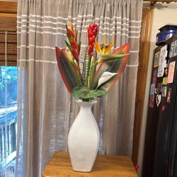 Handcrafted White Rustic Vase With Exotic Flowers 