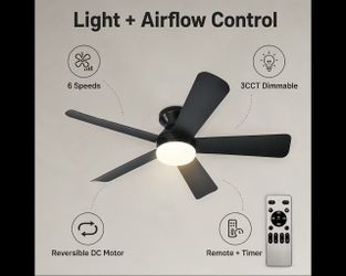 Ceiling Fan with Lights - 40 Inch Black Flush Mount Ceiling Fan with Remote, 55W Quiet Reversible DC Motor, 6 Speeds, Dimmable LED Light for Bedroom (