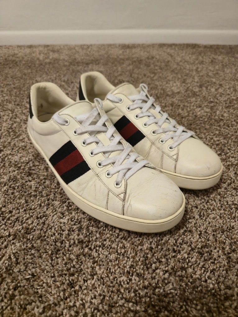 Gucci Ace Shoes Mens Gucci Low Top Sneakers White Leather Python Trim Web Snake Size 13.5