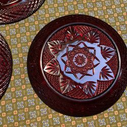 Luminarc-Durand Ruby Red 10’ Plates Set Of 3 D’Arques Cut Glass Christmas Dining And Wide Mouth Flower Vase