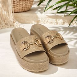 Size 6 Beige Raffia Platform Slide Sandals Gold Horsebit Comfort Mule New