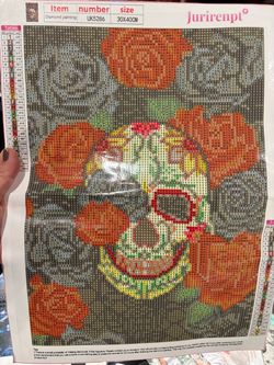 New sugar skull red grey roses 12” x16” diamond art craft kit